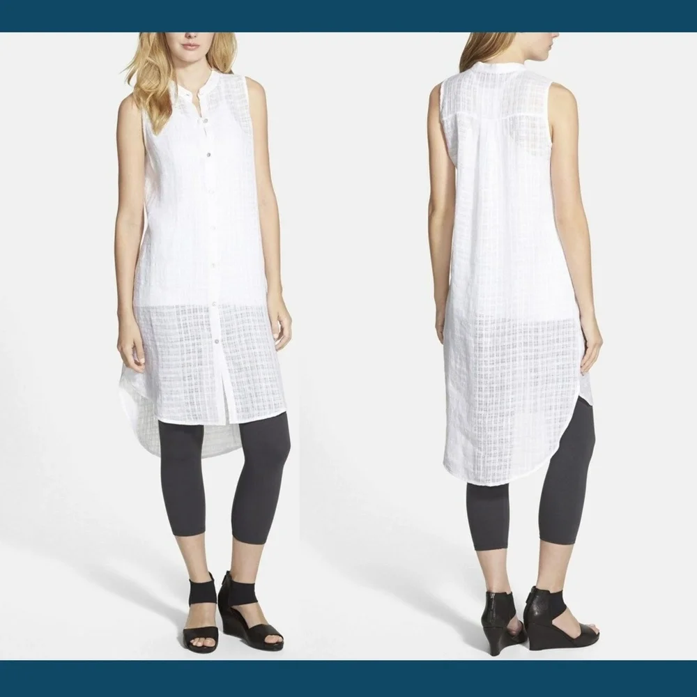 NWT‎ $248 Eileen Fisher Mandarin Collar Linen Shirtdress in White [SZ PP ]